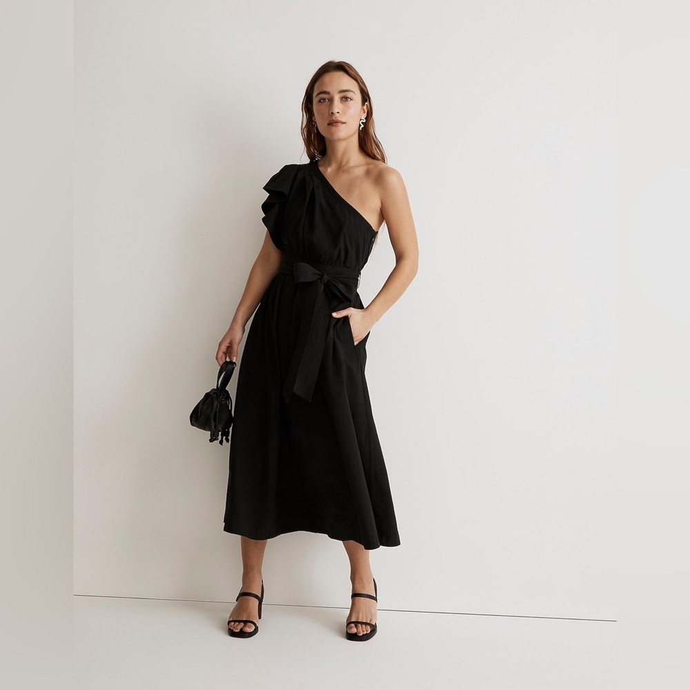 Madewell Ruffled One-Shoulder Midi Dress True Black Size 6